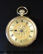 A continental 18ct gold ladies fob watch with engraved self coloured dial, Roman numerals,