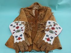 North American native Indian buckskin jacket and beadwork gloves,