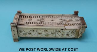 A Napoleonic prisoner of war bone cribbage box and domino set,