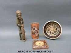 A studio pottery dish, cylindrical vase,