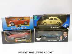 Four Burago, Solido and other 1:18 scale diecast model vehicles including James Bond, BMW,
