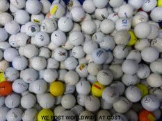 A box of approximately 400 golf balls, the vast majority with logos including Callaway, Titleist,