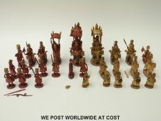 A late 18thC / early 19thC Indian ivory part chess set with hand-decorated gilt and painted