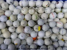 A box of approximately 400 golf balls, the vast majority with logos including Callaway, Titleist,