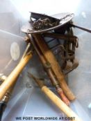 A quantity of countryside collectables including gaff, thatcher's rake, sprayers, spring balances,