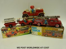 Three tin-plate model fire engines comprising of a Japanese Fire Chief car ME 699,