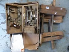 A cased Sargent combination router plane, three vintage wooden clamps, brass and rosewood square,