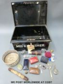 A vintage metal trunk or deed box together with a wine coaster, jewellery boxes,