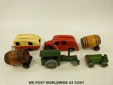 Six Tri-ang Minic tin plate clockwork vehicles comprising fire engine, steam roller, caravan,
