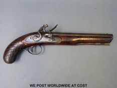 Tatham & Egg flintlock overcoat pistol with signed and engraved lock plate,