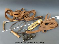 A silver collared stag's horn whip, two lunge reins, scales, spurs, boot pull,