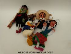 Five Pelham puppets including Donald Duck, Witch, Dog,