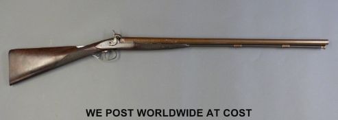 Smith of Manchester 12 bore side by side muzzle loading hammer action gun with ornate scrolling