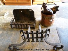 A 19thC copper coal bucket/ scuttle, bellows, campanion set,