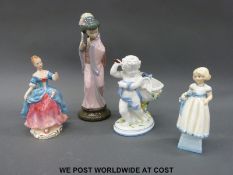 Four figures to include a Lladro oriental example, Royal Worcester 'Mondays Child', Wedgwood etc.