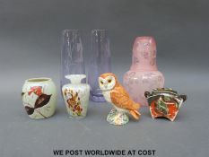 A pair of signed glass vases, Japanese pot, Beswick owl, decanter and up, Mdina, vase etc.