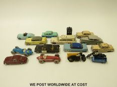 Fourteen Dinky Toys diecast model cars and motorbikes including AA and RAC sidecars,