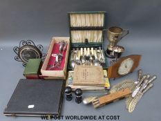 A retro Westclox mantel clock, cased and loose plated ware, boxed retro egg beater,