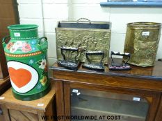 A painted narrowboat/ bargeware milk churn, irons brassware, etc.