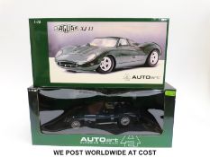 Two Autoart 1:18 scale diecast model vehicles, Jaguar XJ13 and Jaguar C Type,