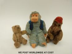 Farnell Alfa Toys mohair and felt monkey (17cm tall) together with two miniature bears,