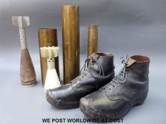 A collection of brass shell cases, mortars, vintage clogs/boots etc.