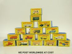 Sixteen Matchbox Lesney 1-75 series diecast model vehicles 3, 4, 12, 13, 17, 25, 46, 47, 47, 48, 60,
