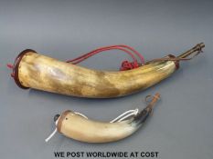 Two horn powder flasks both with wooden and brass caps, the largest 50cm long.