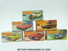 Six Matchbox 1-75 series diecast model vehicles, 28, 42, 56, 59, 73 and 74, all in original boxes.