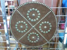 A replica Scottish Targe shield with leather bindings and strap,