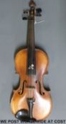 A cased late 19th / early 20th century violin with Sorrento style decoration and mother of pearl