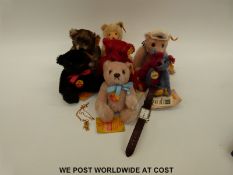 Seven miniature Steiff teddy bears together with a Steiff watch and gold plated Steiff teddy bear