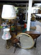 A mahogany lamp/table, oak stool, small table, wine table, jardiniere,