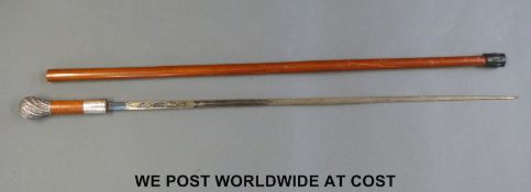 A late Victorian Malacca swordstick, with blued 69cm blade and hallmarked silver collar,