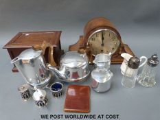 An oak cased mantel clock, Picquot ware part tea set, oak box,