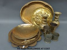 A collection of brassware to include Chinese vases,