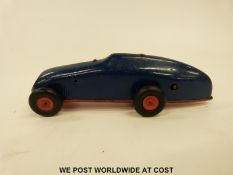 Tri-ang Minic tin plate clockwork racing car with blue body and red base plate and hubs