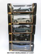 Five Maisto Special Edition 1:18 scale diecast model Jaguar cars comprising two XK8, XJ220,
