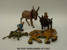Lehmann tin plate Balky Mule together with three Marx and other tinplate and plastic donkeys