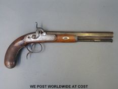 Joseph Lang 50 bore percussion hammer action target pistol with silver inlaid nine inch octagonal