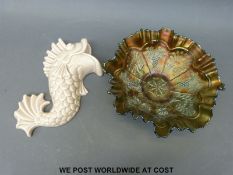 A Clarice Cliff fish wall pocket and a Carnival glass dish decorated with peacocks