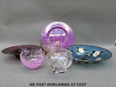 A collection of Caithness and other glass bowls including a large dish with bird in blossom