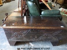 A 17thC carved oak and elm chest with 1671 date and H S initial (W106 x D42 x H54cm)