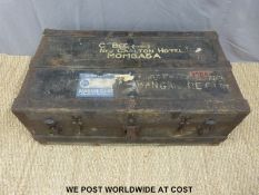 A vintage metal and wood bound trunk,