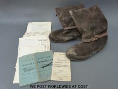 A pair of ministry marked flying or similar boots, pilot's notes including Hawker,