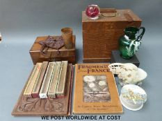 A quantity of collectables to include rosewood box, seed purse, horn beaker, fans,