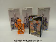 Three tin plate clockwork robots and a Tonka Super Gobots Warpath Enemy Robot Apache Copter,
