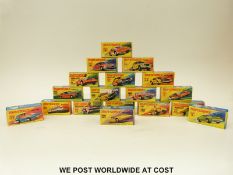 Eighteen Matchbox 1-75 series diecast model vehicles, 4, 6, 7, 9, 13, 18, 28, 33, 37, 39, 41, 44,