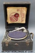 Bandmaster wind up portable gramophone with Heins & Co Ltd Hereford and Brecon retailer's plaque to