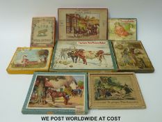 Eight wooden jigsaw puzzles including The Glen, Farm Pets, The Lion and other animals,